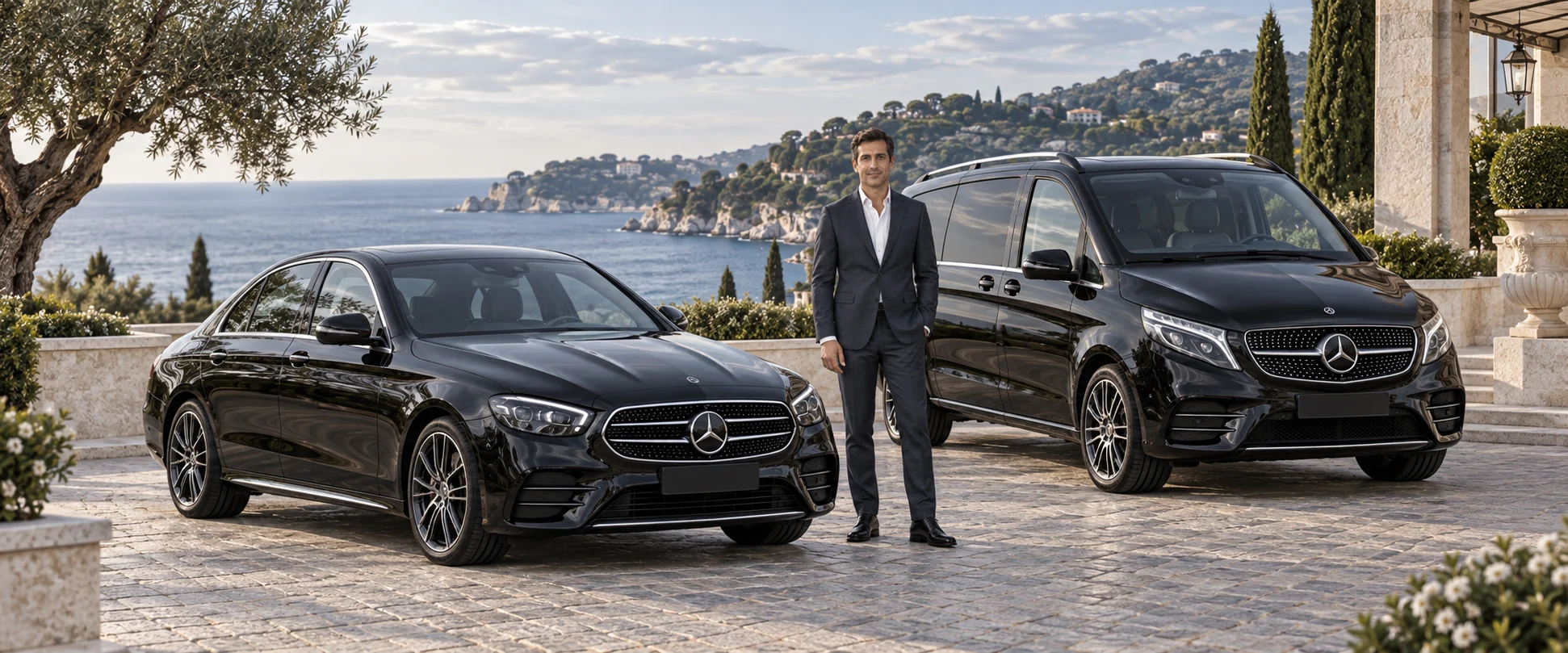 Illustration : Mercedes-Benz Classe E et Classe V avec chauffeur sur la Côte d’Azur
